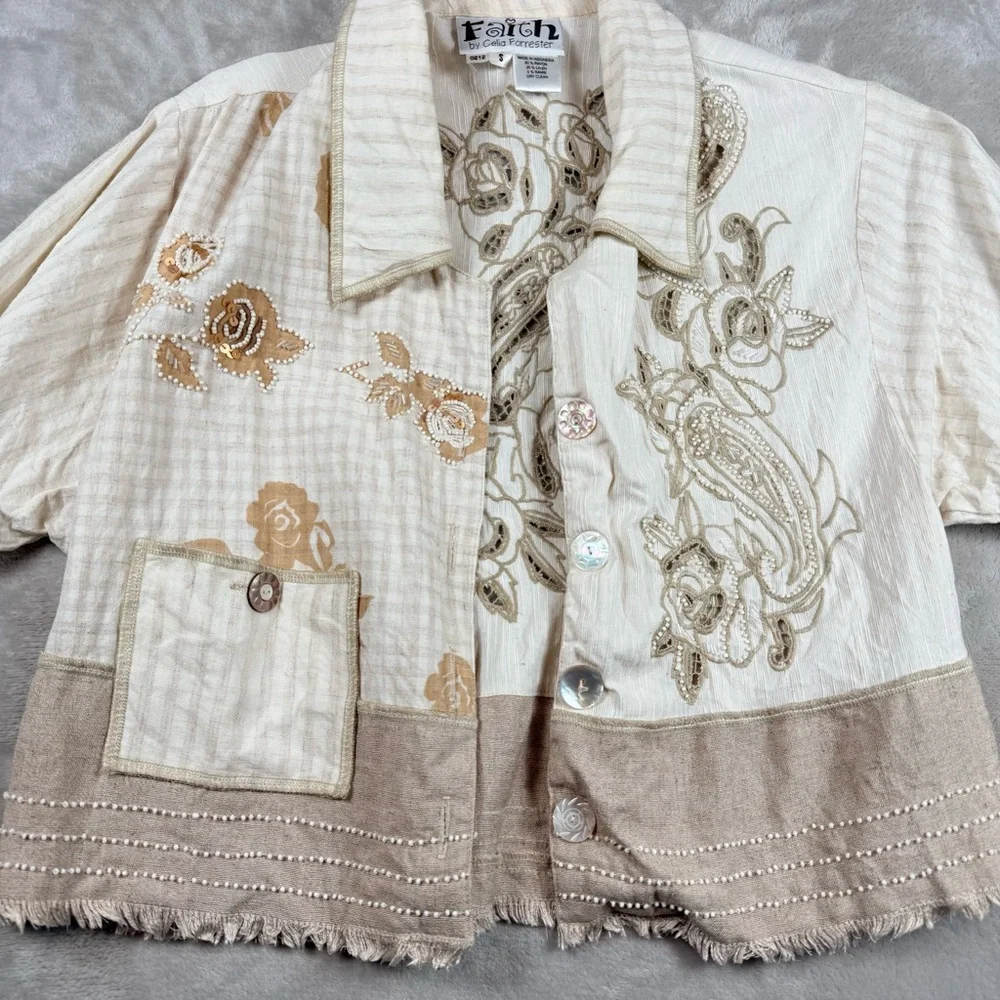 Faith by Celia Forrester Embroidered Linen Blend Floral Blouse Boho Artwear - Picture 5 of 10